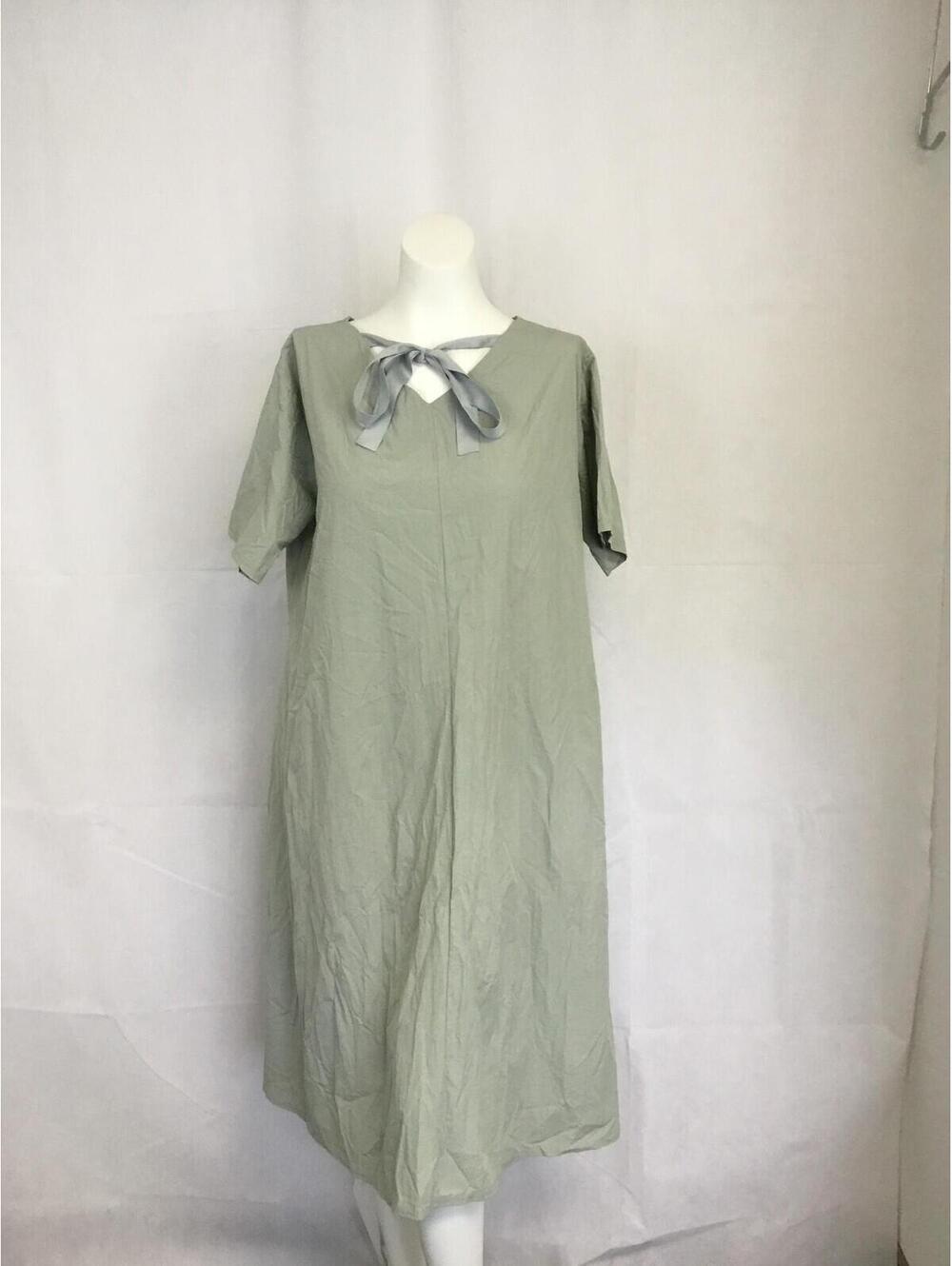 [358] Dress Womens Size Green Short Sleeve Bow Neck Midi Trapeze Swing Casual